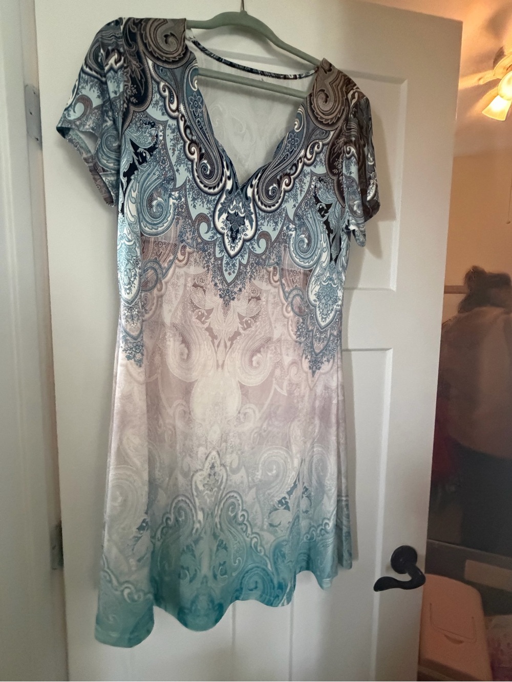 Paisley V-Neck Short Sleeve Dress in Teal and Taupe